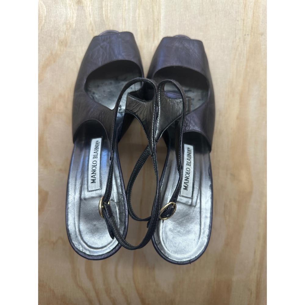 Manolo‎ Blahnik Metallic Purple Leather Slingback Peep Toe Heels Size 39.5 Sz 9